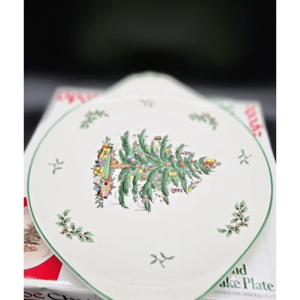 Vintage Spode Christmas Tree Round Cake Plate Serving Santa Claus Handles Box